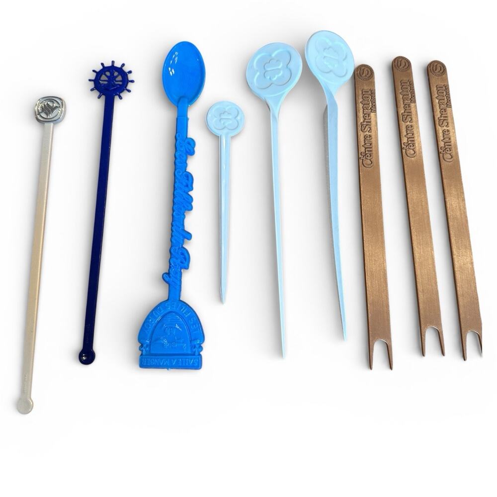 Vintage Swizzle Stick Lot of 9 Hotel Tiki Bar Drink Stirrers Montreal Souvenir